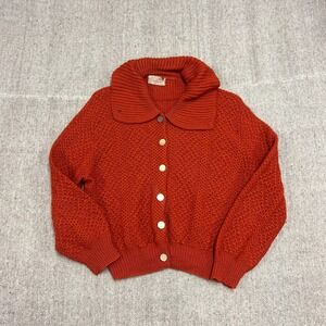 Vintage 1940s Sweater Women's Small Orange Button up Cardigan Wool Collared Polo